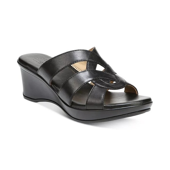 Naturalizer Violet Wedge Sandals Black Leather Slides Heels Slip on Shoes 11 M‎ - Picture 2 of 9